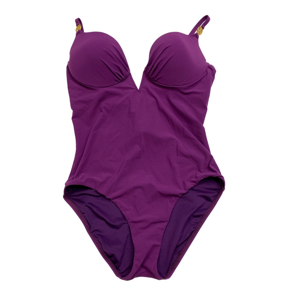 Natori, Purple Plunge Underwire One Piece Swimsuit Tie Back Size 10 C/D - Picture 2 of 11